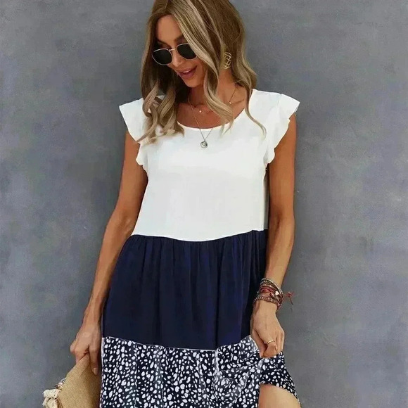 Blue & White Casual Womens Cut And Sew Babydoll Dress - Picture 4 of 5